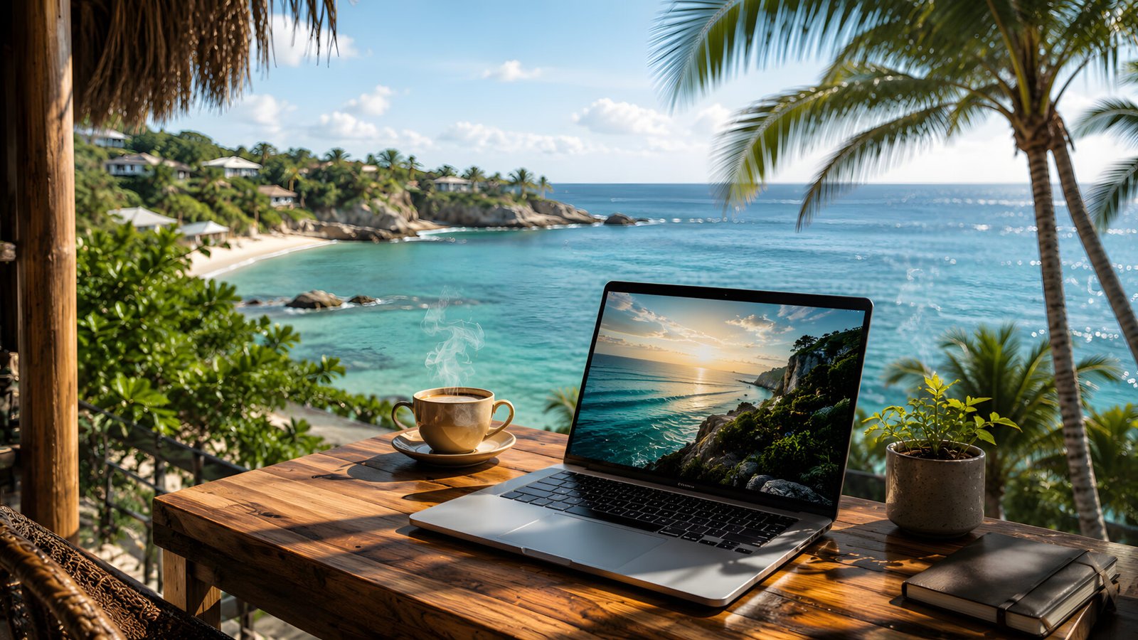 Tropical Beach Workspace 4K Wallpaper – Laptop, Coffee & Ocean View Desktop Background - pixora4k.com