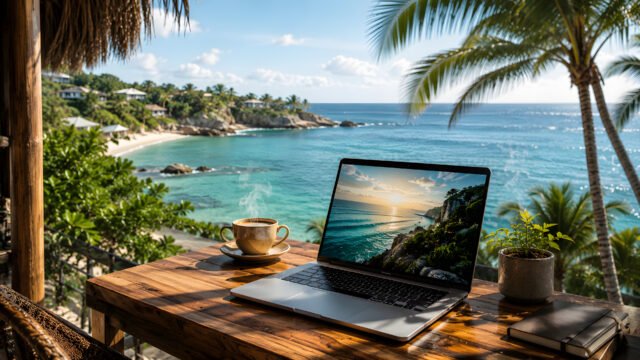 Tropical Beach Workspace 4K Wallpaper – Laptop, Coffee & Ocean View Desktop Background 3840x2160 - Free Download