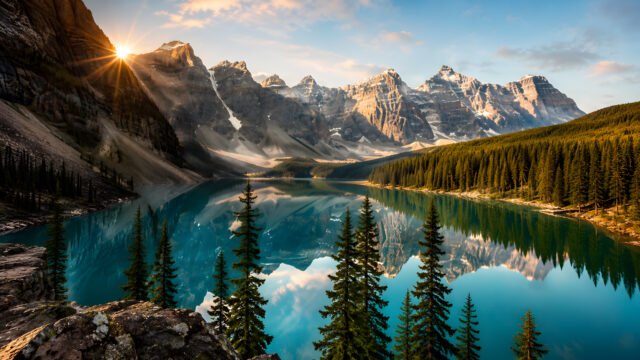 Turquoise Mountain Lake 4K Wallpaper – Golden Hour Sunrise 3840x2160 - Free Download