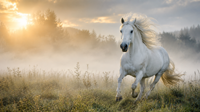White Horse Running in Misty Sunrise Wallpaper 3840x2160 - Free Download