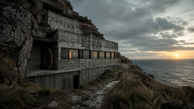 Brutalist Cliffside Concrete House Sunset Wallpaper 4K – Pixora4K