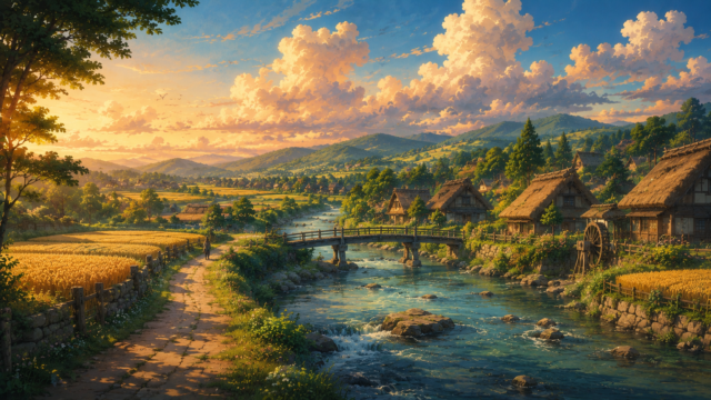 Anime Countryside Village River Sunset Wallpaper 4K 3840x2160 - Free Download