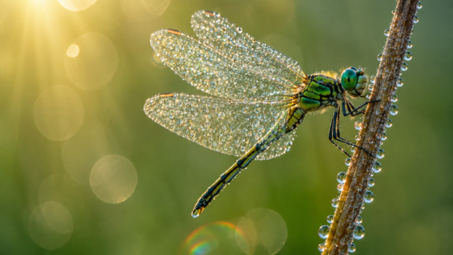 Green Dragonfly Morning Dew Macro Wallpaper 3840x2160 - Free Download