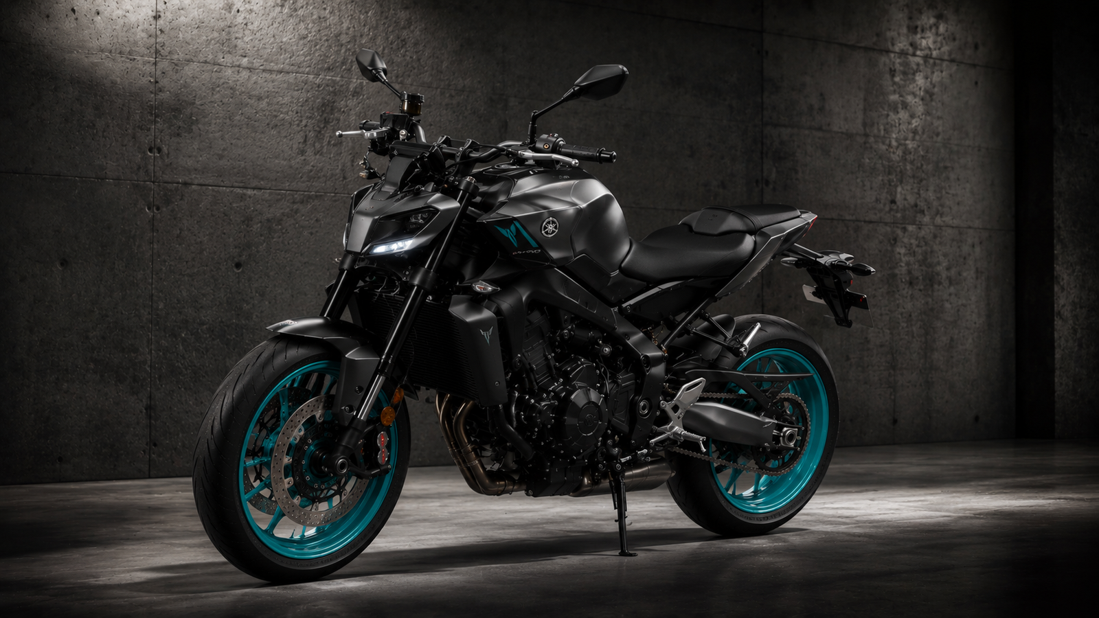 Dark Yamaha MT-09 Cyan Wheels Wallpaper 4K – Pixora4K - pixora4k.com