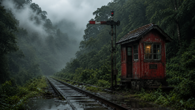 Red Railway Cabin in Misty Jungle Wallpaper 4K – Pixora4K