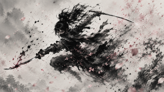 Female Ninja Dual Katanas Ink Wash Wallpaper 4K 3840x2160 - Free Download