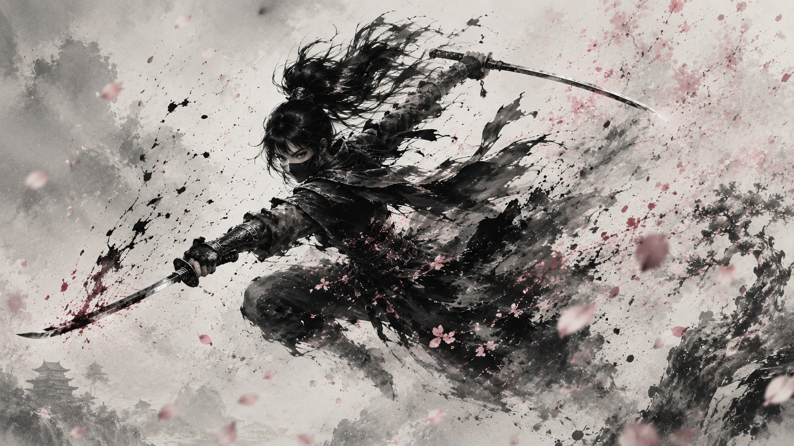 Female Ninja Dual Katanas Ink Wash Wallpaper 4K - pixora4k.com