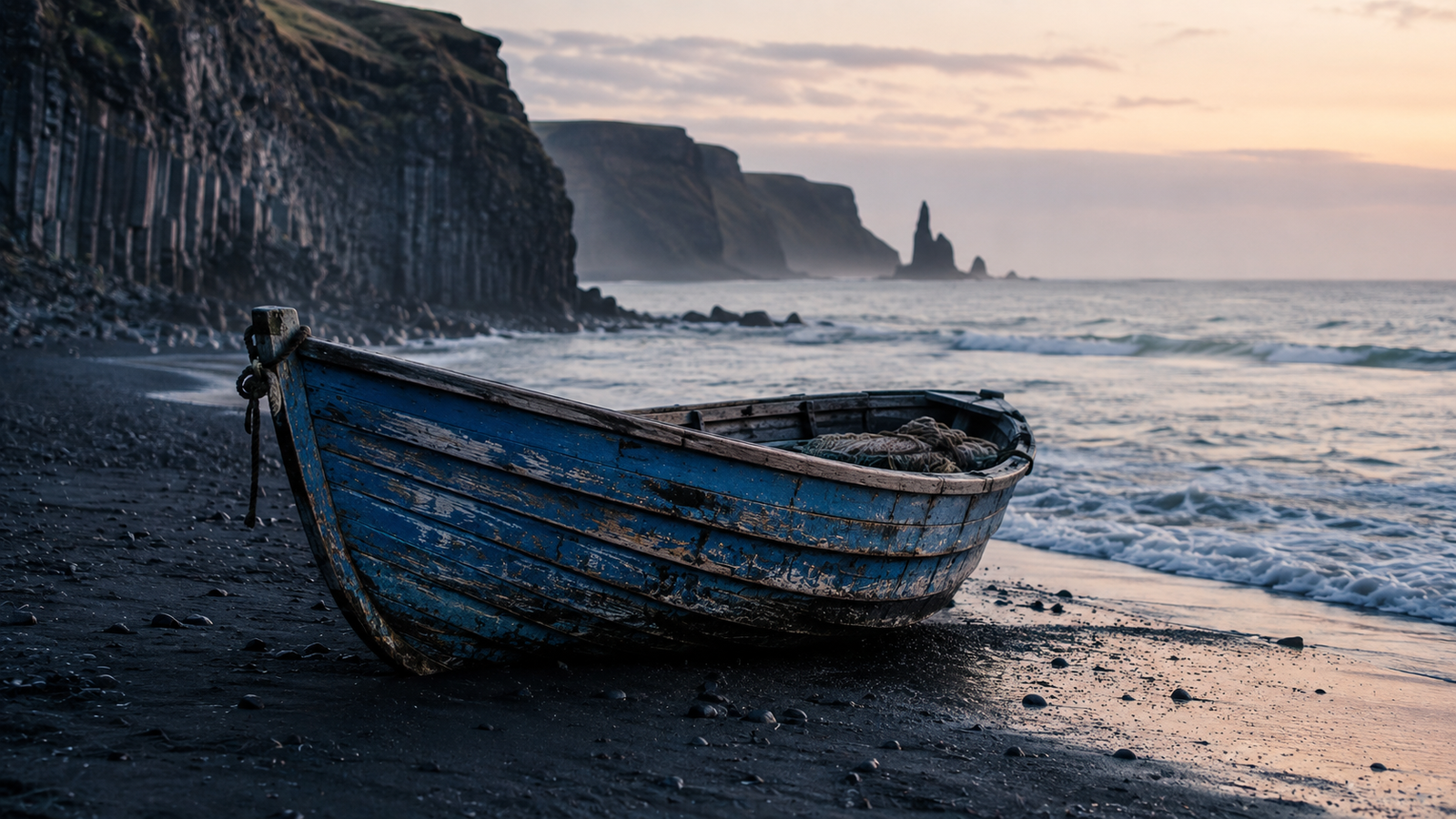 Old Blue Boat on Black Sand Beach Wallpaper 4K – Pixora4K - pixora4k.com
