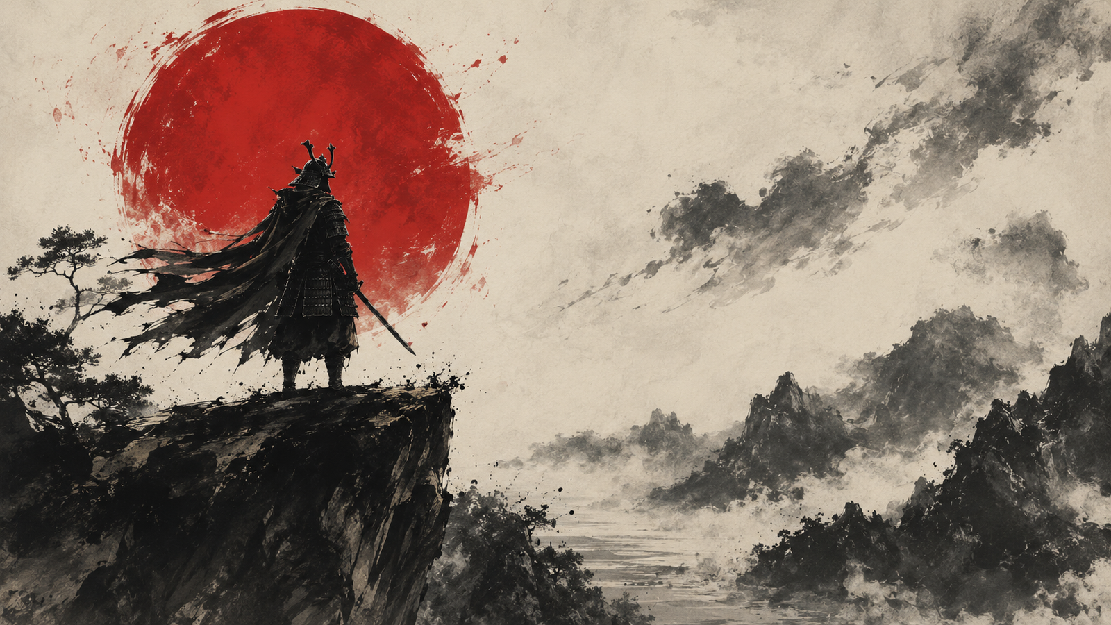 Samurai on Cliff Red Sun Ink Wash Wallpaper 4K - pixora4k.com