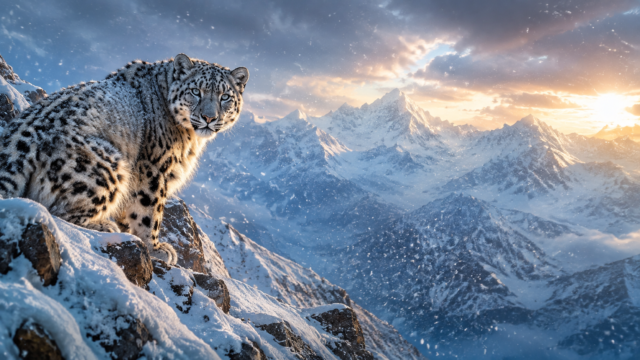 Snow Leopard on Snowy Mountain Peak Wallpaper 3840x2160 - Free Download
