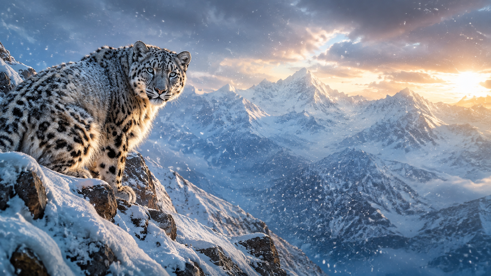 Snow Leopard on Snowy Mountain Peak Wallpaper - pixora4k.com