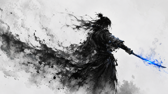 Samurai with Glowing Blue Katana Ink Wash Wallpaper 4K 3840x2160 - Free Download