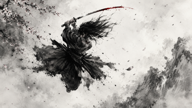Samurai Katana Strike Ink Wash Art Wallpaper 4K 3840x2160 - Free Download