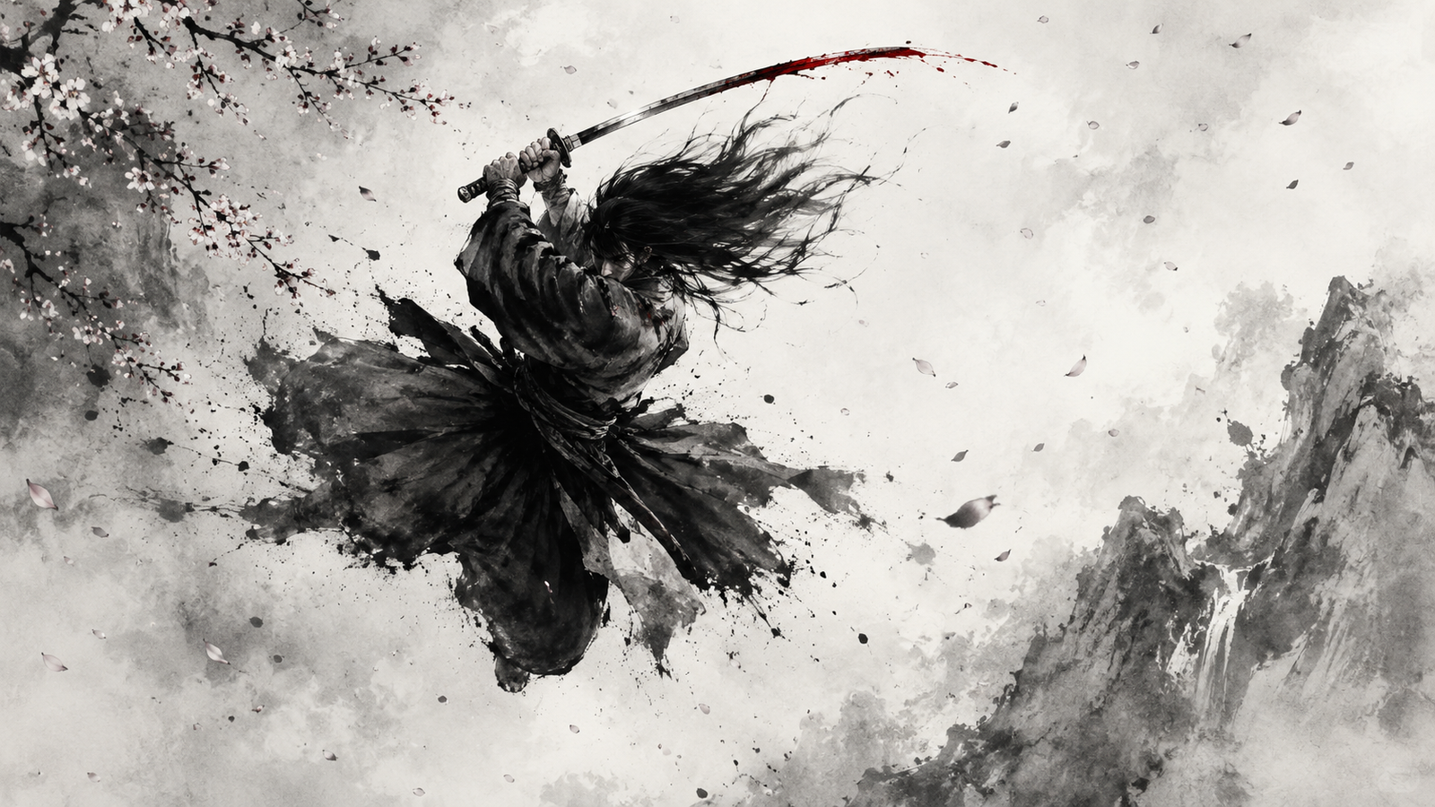 Samurai Katana Strike Ink Wash Art Wallpaper 4K - pixora4k.com
