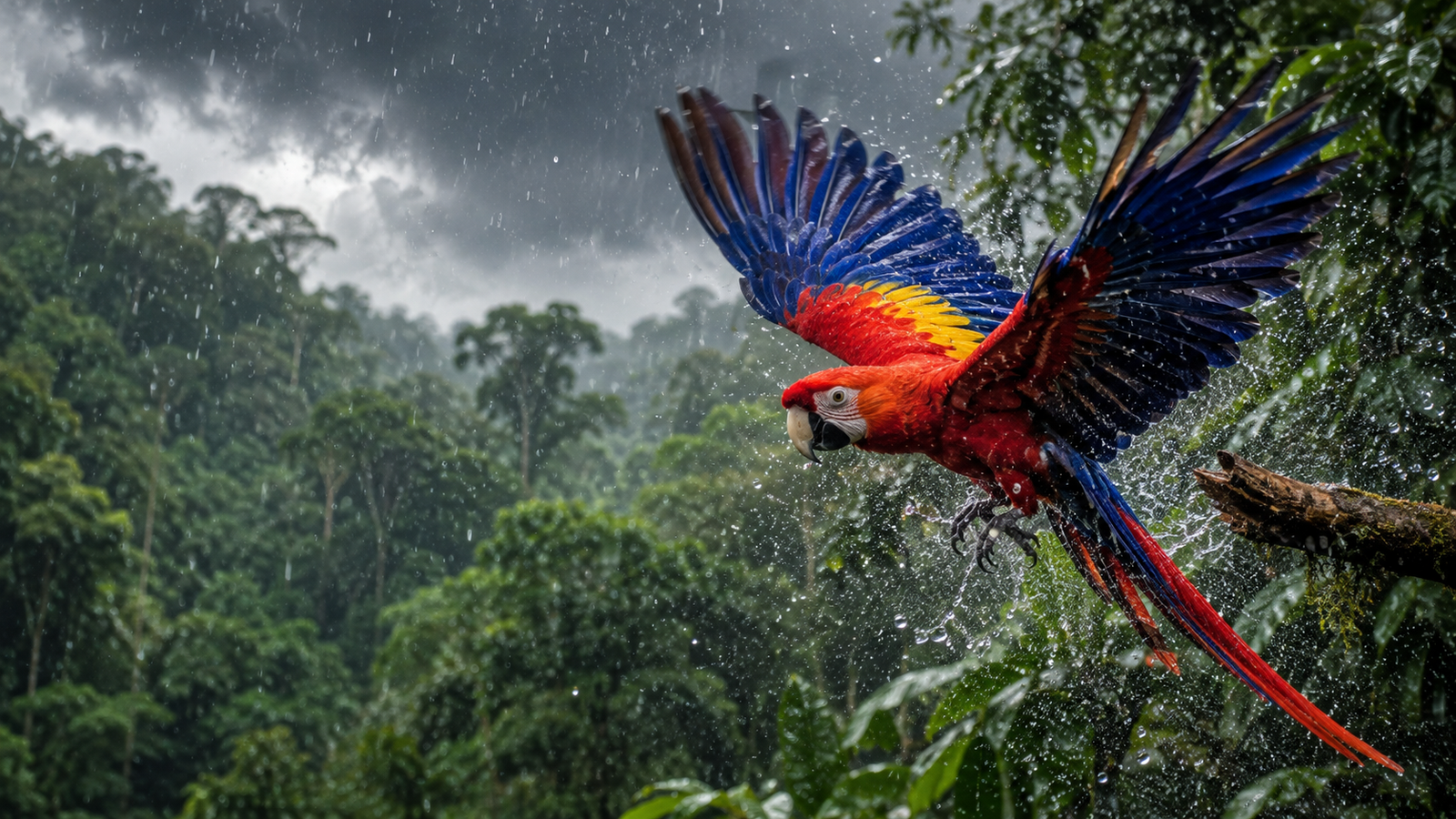 Scarlet Macaw Flying in Rainforest Rain Wallpaper 4K - pixora4k.com