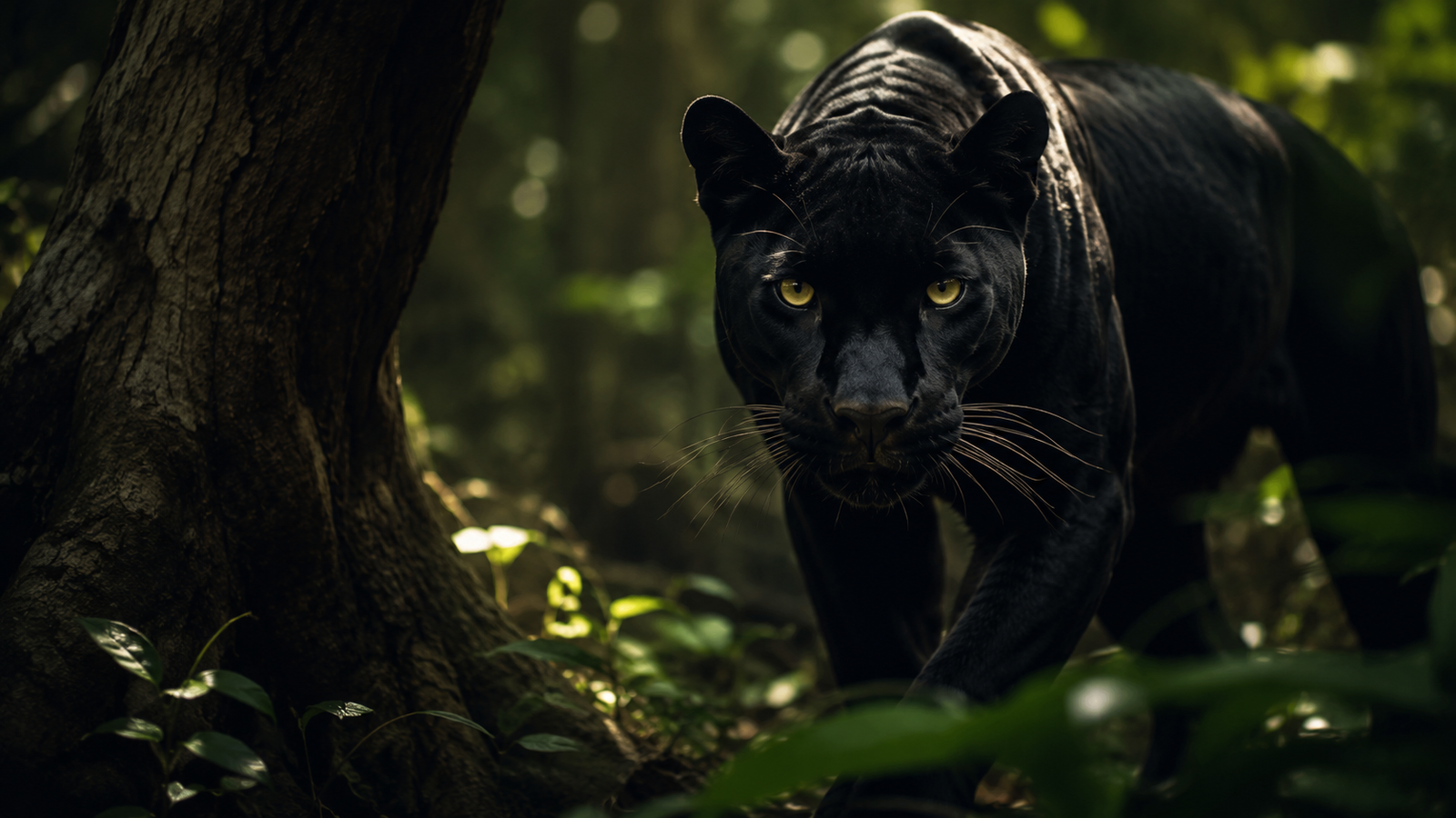 Black Panther in Dark Jungle 8K Wildlife Desktop Wallpaper - pixora4k.com