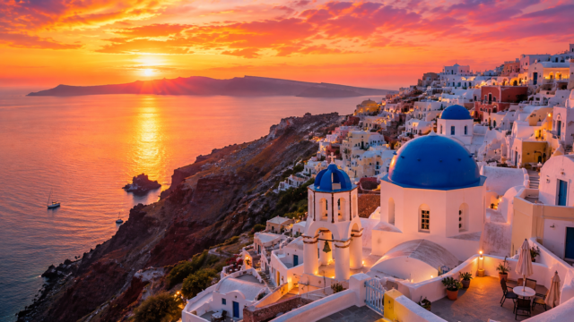 Santorini Oia Sunset Blue Domes Wallpaper 4K 3840x2160 - Free Download