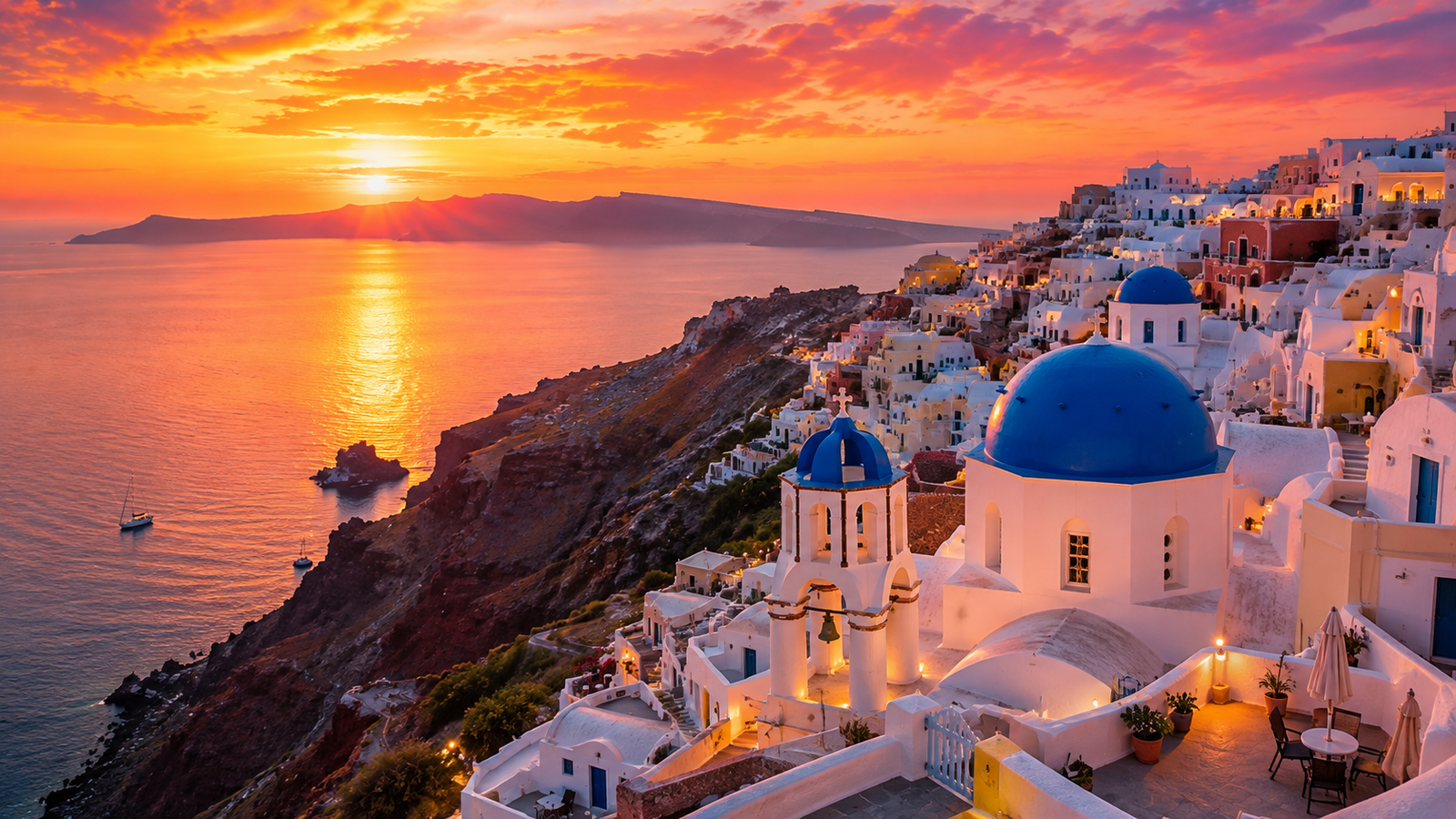 Santorini Oia Sunset Blue Domes Wallpaper 4K - pixora4k.com