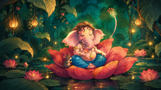 Cute Bal Ganesha Lotus Mystical Forest 4K Wallpaper 3840x2160 - Free Download