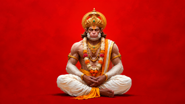 Meditating Hanuman 4K Wallpaper – Lord Hanuman Red Background 3840x2160 - Free Download