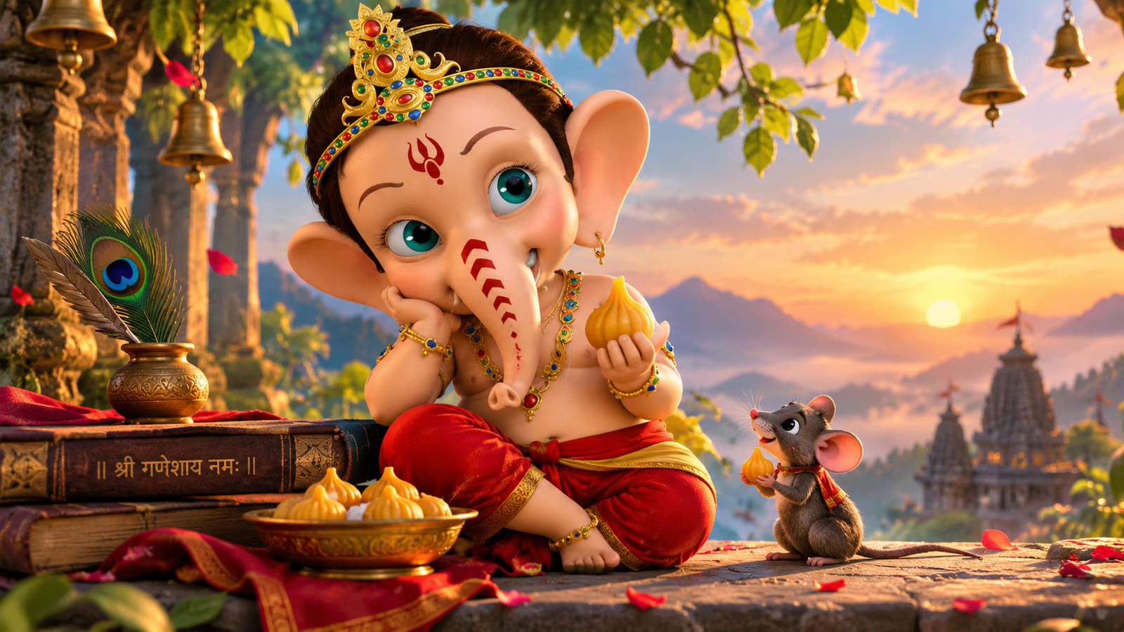 Bal Ganesh 4K Wallpaper – Modak & Divine Sunset - pixora4k.com