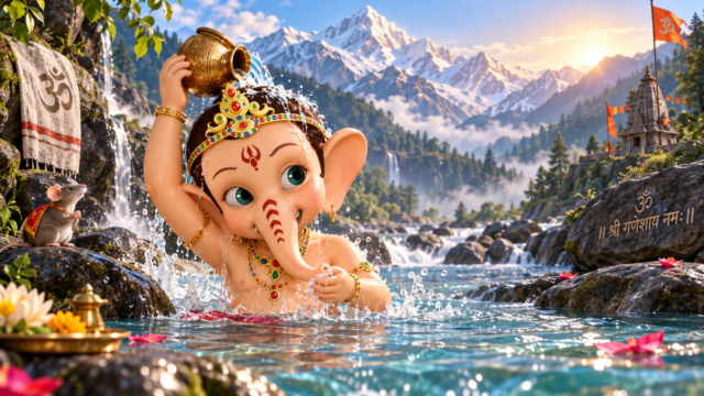 Bal Ganesh 4K Wallpaper – River & Mountain Temple 3840x2160 - Free Download