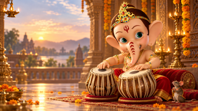 Bal Ganesh 4K Wallpaper – Tabla Playing Ganesh 3840x2160 - Free Download
