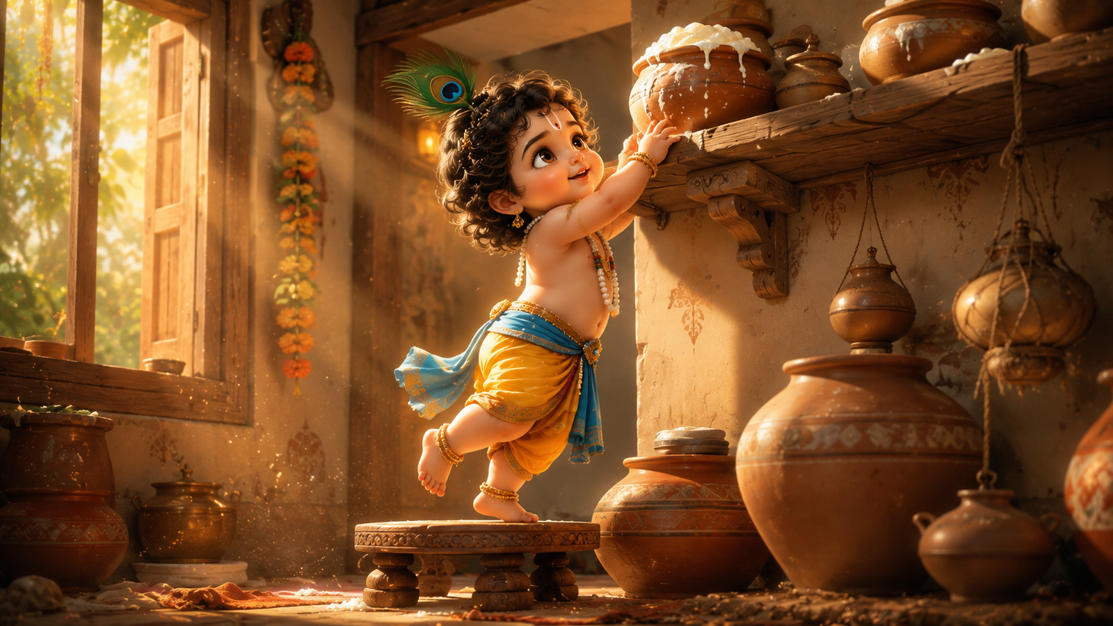 Bal Krishna Makhan Chor 4K Wallpaper – Cute Krishna Wallpaper - pixora4k.com