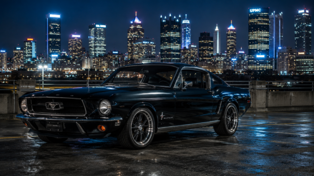 Black Ford Mustang City Skyline Night Wallpaper 4K 3840x2160 - Free Download