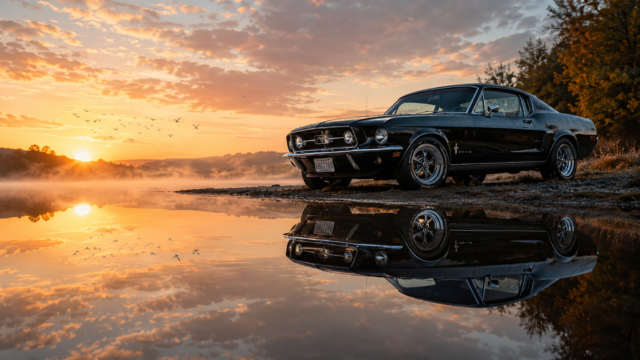 Classic Ford Mustang Sunset Lake Reflection Wallpaper 4K 3840x2160 - Free Download