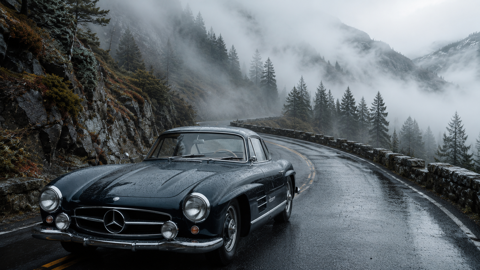 Classic Mercedes 300SL Misty Mountain Road Wallpaper 4K - pixora4k.com