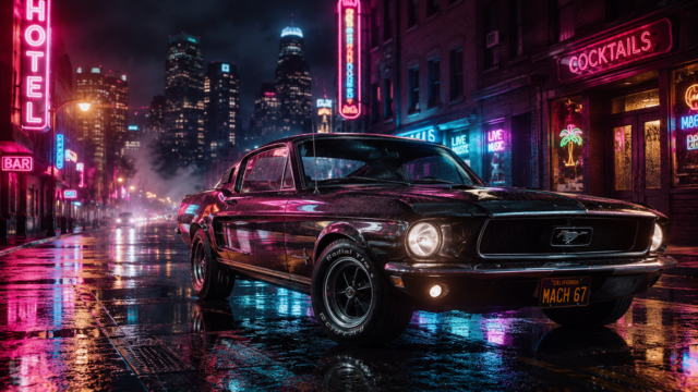 Classic Mustang Neon City Street Wallpaper 4K 3840x2160 - Free Download