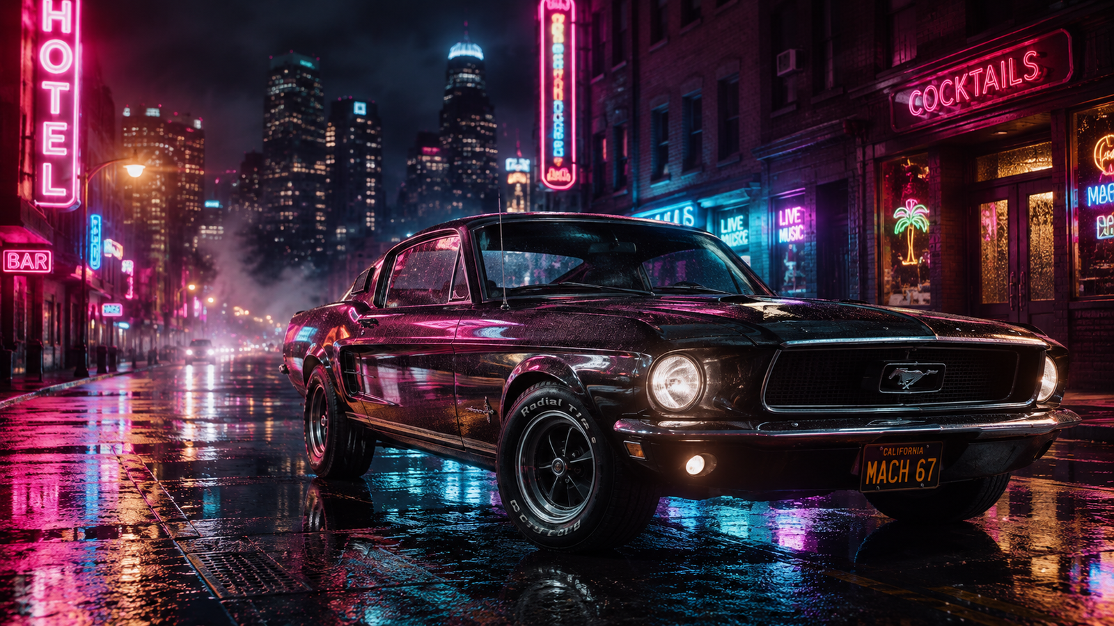 Classic Mustang Neon City Street Wallpaper 4K - pixora4k.com