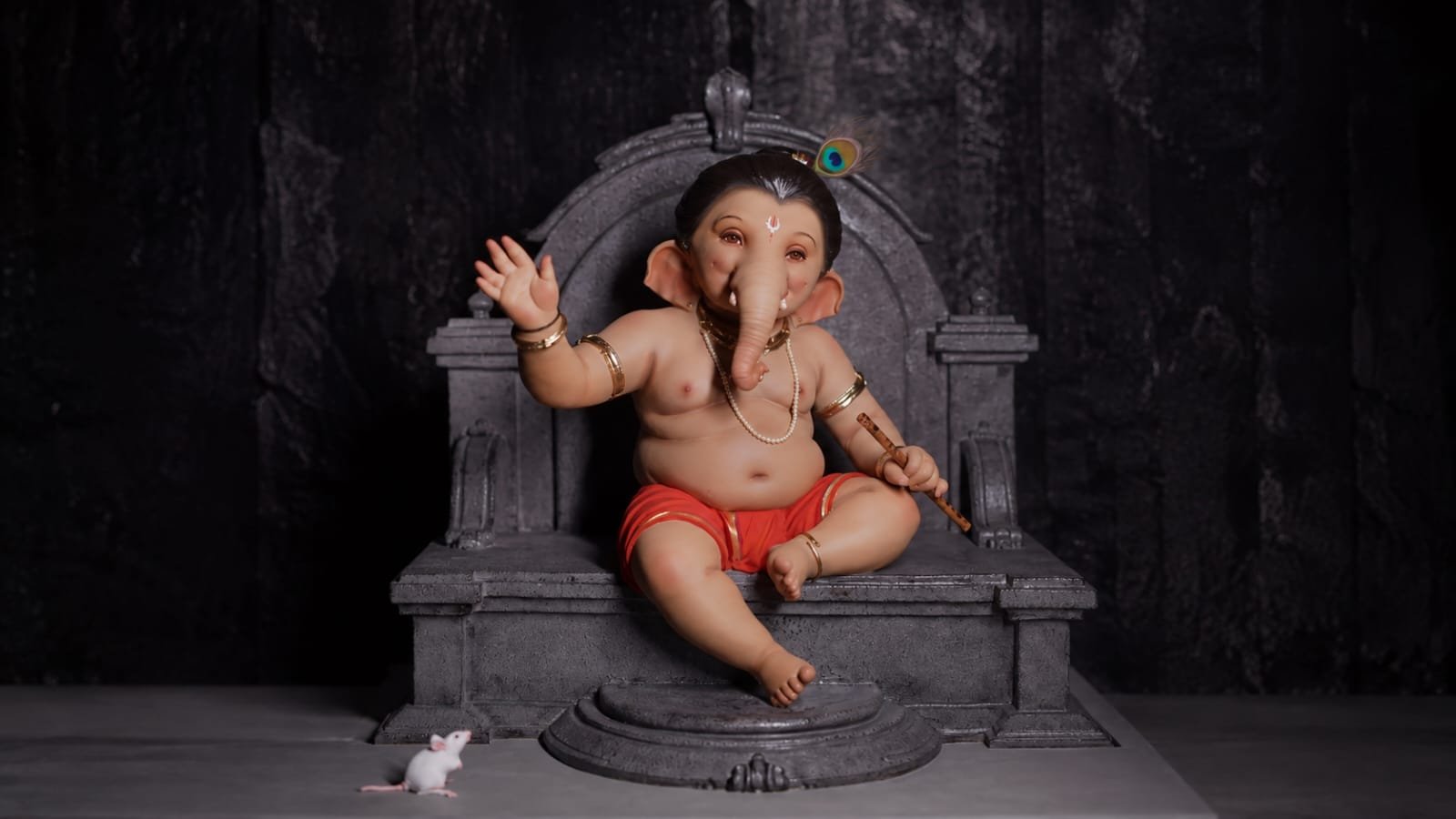 Cute Bal Ganesha Flute on Stone Throne 4K Wallpaper - pixora4k.com