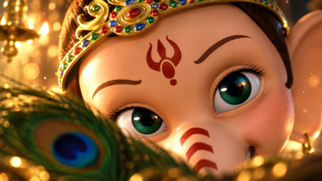 Cute Bal Ganesha Green Eyes Peacock Feather Wallpaper 4K 3840x2160 - Free Download