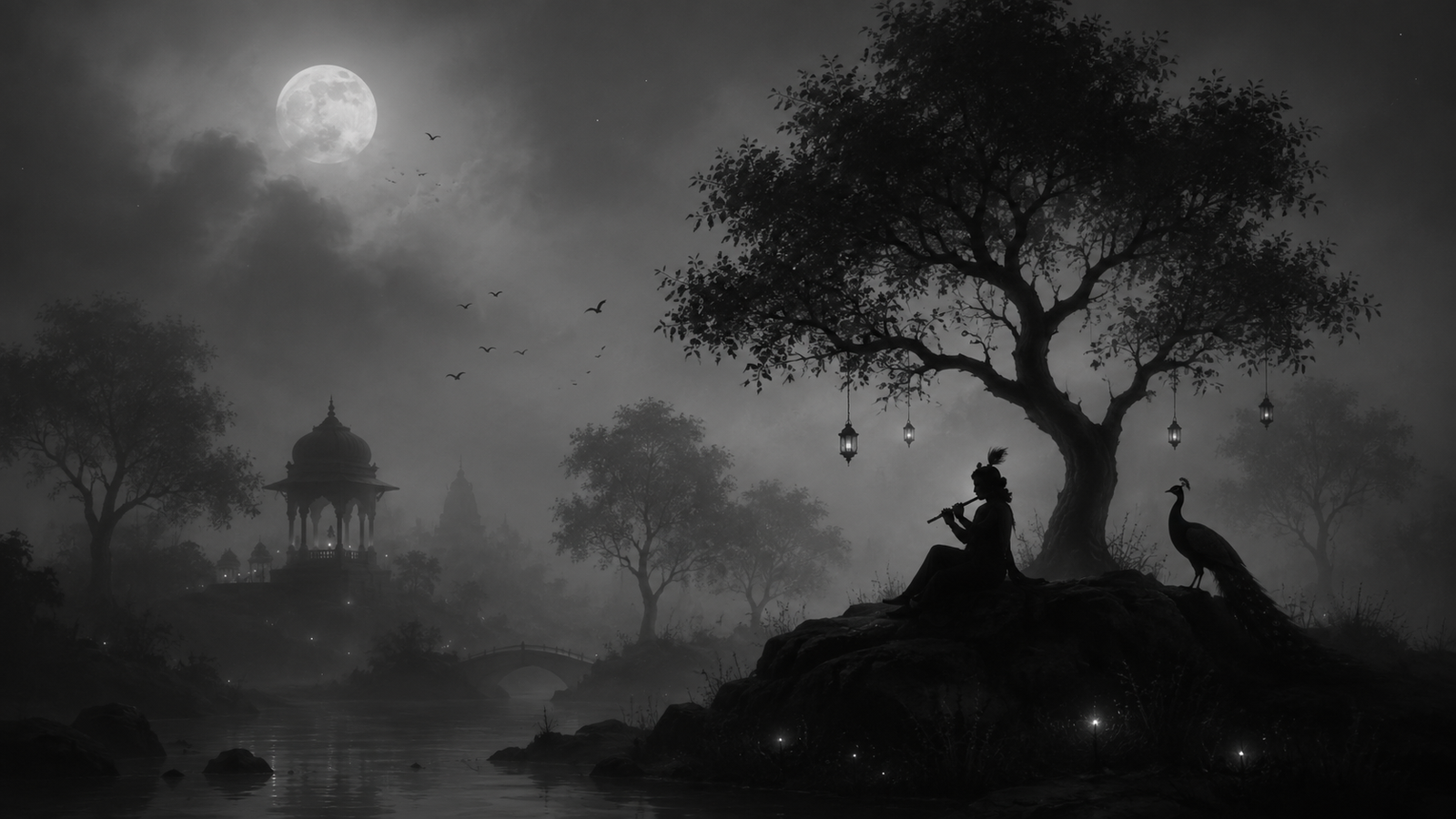 Krishna Flute Moonlight 4K Wallpaper – Peaceful Night Wallpaper - pixora4k.com