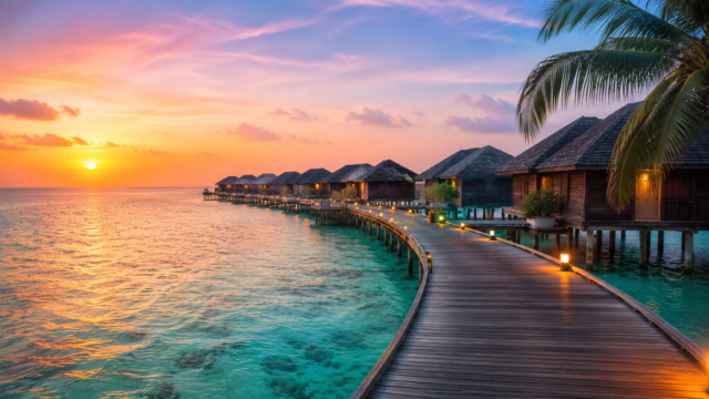 Maldives Overwater Bungalows Sunset Wallpaper 4K 3840x2160 - Free Download