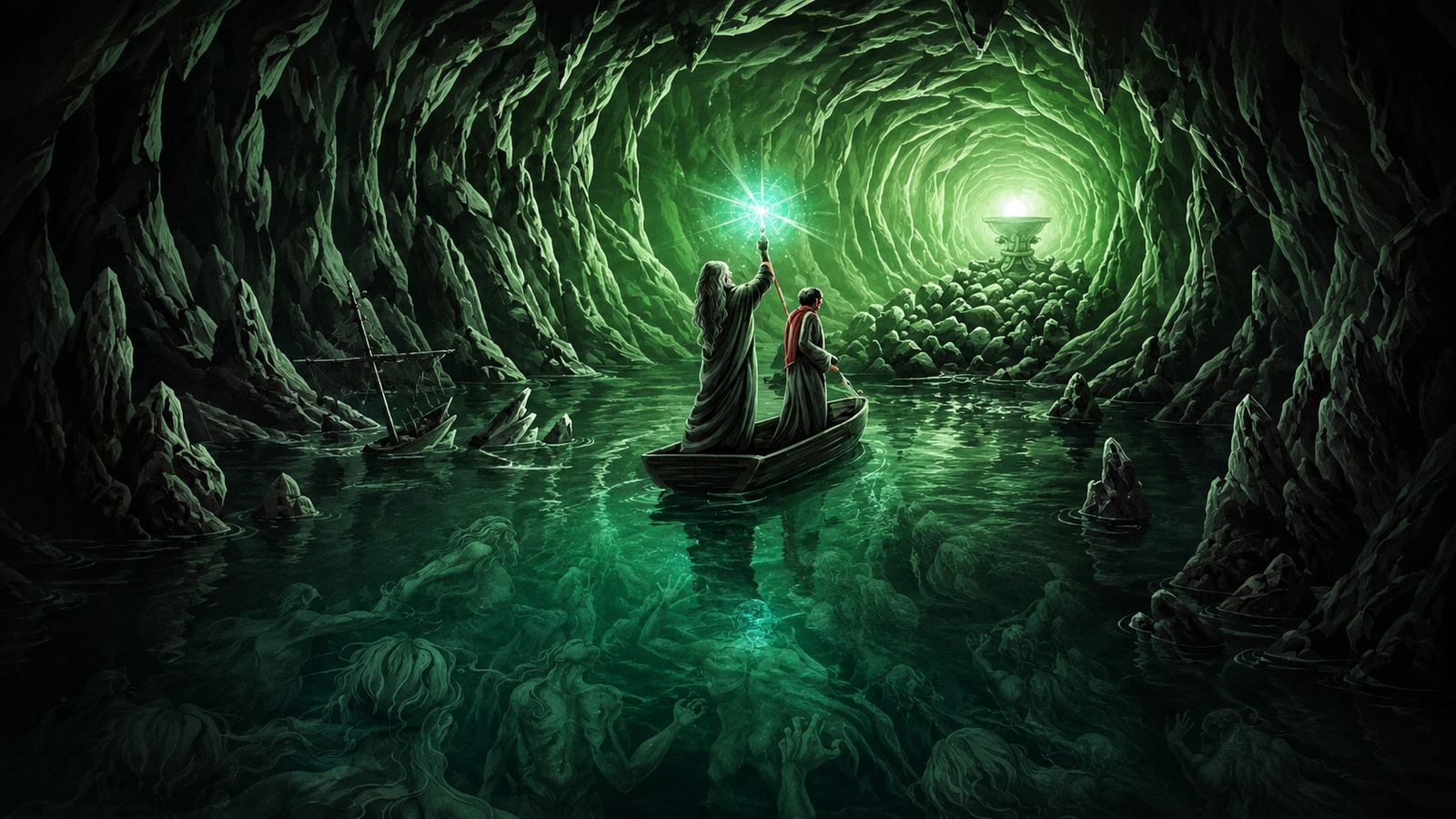 Harry Potter mystical Green Cave Fantasy 4K Wallpaper – Magical Adventure - pixora4k.com