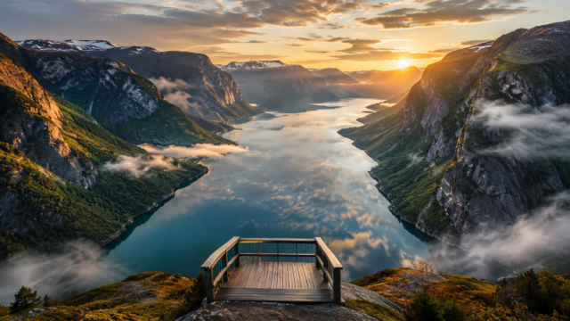 Norway Fjord Stegastein Viewpoint Sunrise Wallpaper 4K 3840x2160 - Free Download