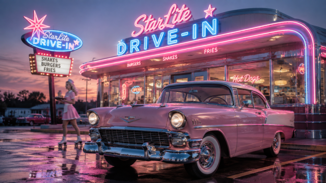 Pink 1950s Chevrolet Bel Air Neon Drive-In Diner Wallpaper 4K 3840x2160 - Free Download