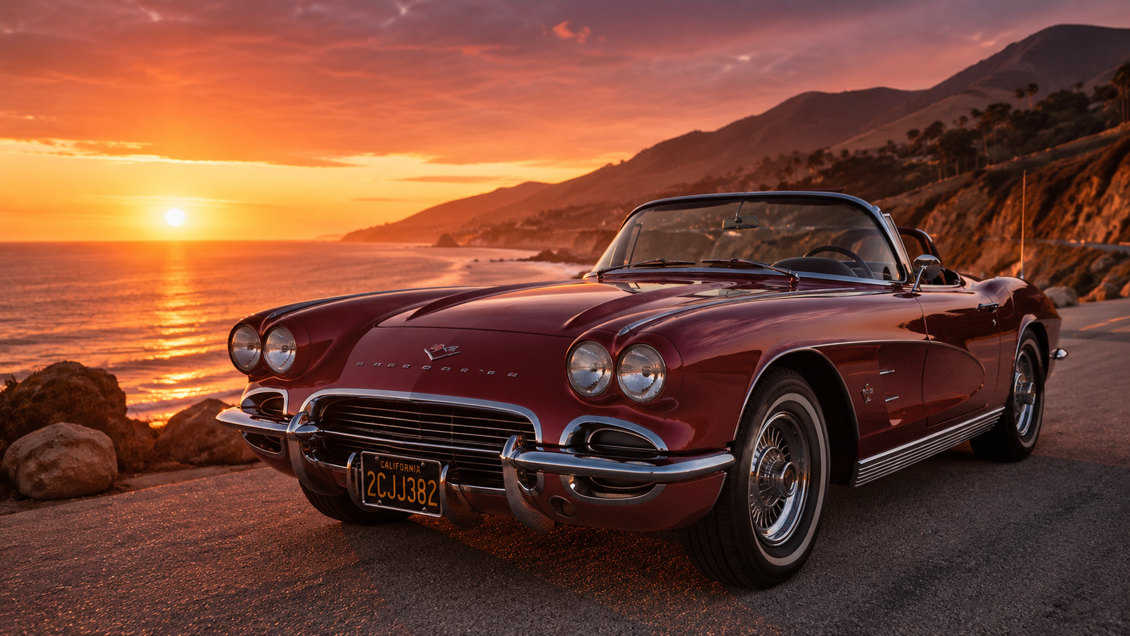 Red Chevrolet Corvette C1 Coastal Sunset Wallpaper 4K - pixora4k.com