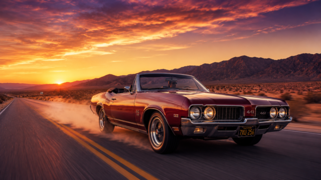Red Oldsmobile 442 Convertible Desert Sunset Wallpaper 4K 3840x2160 - Free Download