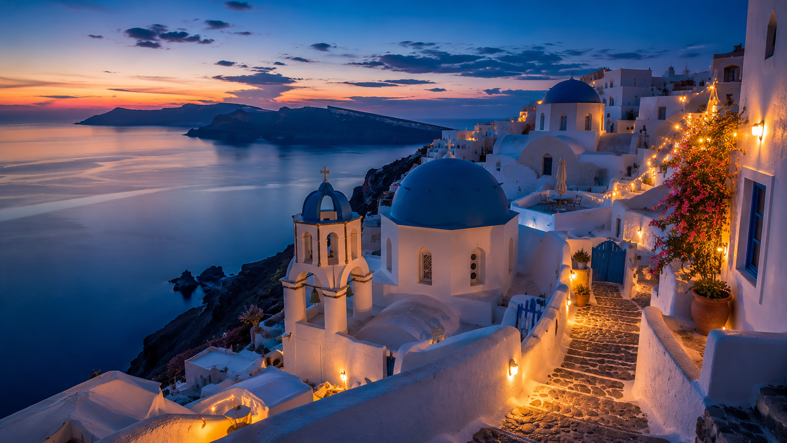 Santorini Oia Blue Domes Dusk Wallpaper - pixora4k.com