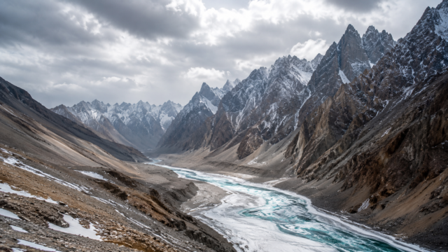 Snowy Mountain Valley River 4K Wallpaper – Scenic Nature Landscape 3840x2160 - Free Download