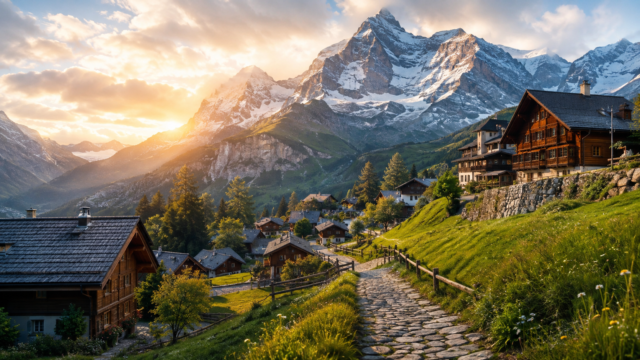 Swiss Alps Village Sunset Chalet Wallpaper 4K 3840x2160 - Free Download