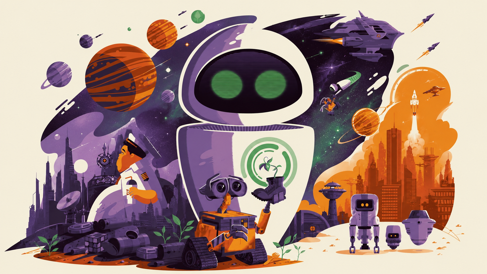 Wall-E and EVE Space Illustration Wallpaper 4K - pixora4k.com