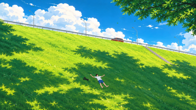 Anime Boy and Cat 4K Wallpaper – Peaceful Green Hillside Landscape