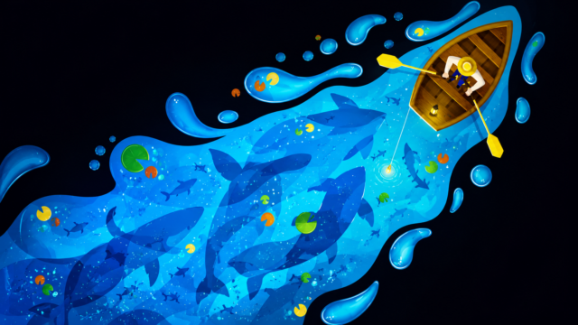Surreal Ocean Fishing Boat 4K Wallpaper – Blue Water Fantasy