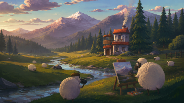 Cute Sheep Artist Mountain Cottage 4K HD Wallpaper 3840x2160 - Free Download
