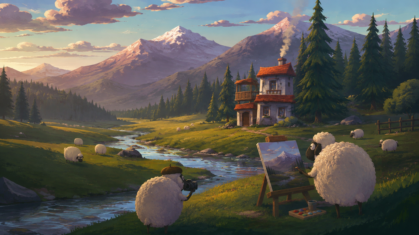 Cute Sheep Artist Mountain Cottage 4K HD Wallpaper - pixora4k.com